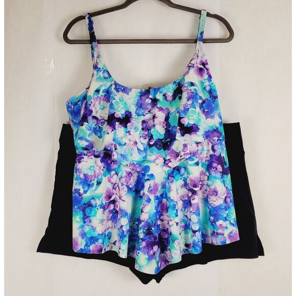 Azul womens blue floral swim top and black swim shorts size 22W - Picture 1 of 12